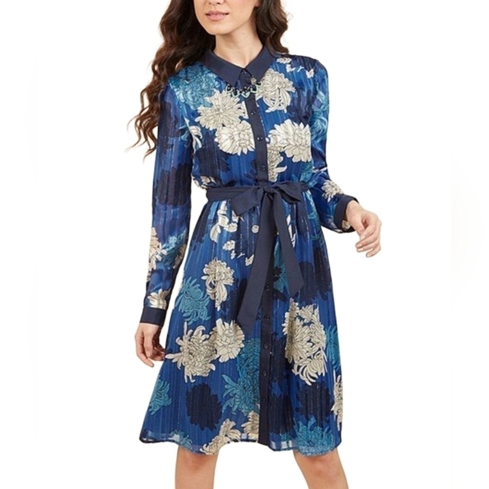 Beautiful Cobalt Blue Sheer Sleeved Button Down Flowy Floral Midi Shirt Dress